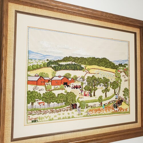 Vintage Amish shops Farm Scene Framed Embroidery