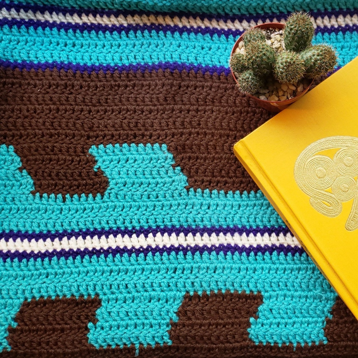 Vintage Crochet Blanket // Teal and Brown // Throw Blanket // Etsy