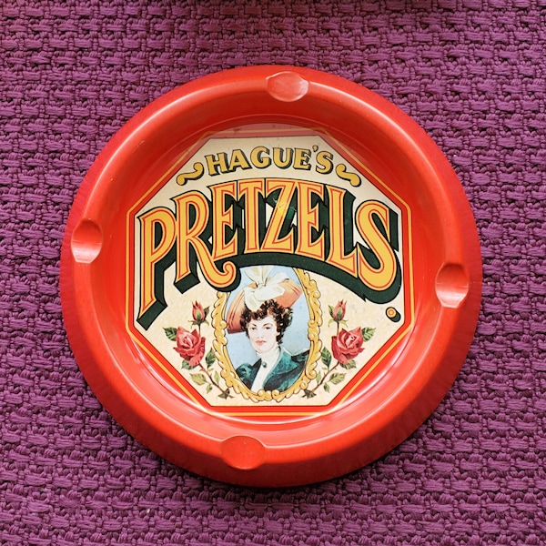 Vintage Hague's Pretzels Tin Ashtray // Vintage Ashtray by Case Manufacturing Co. // Pretzels // Kitchen Decor