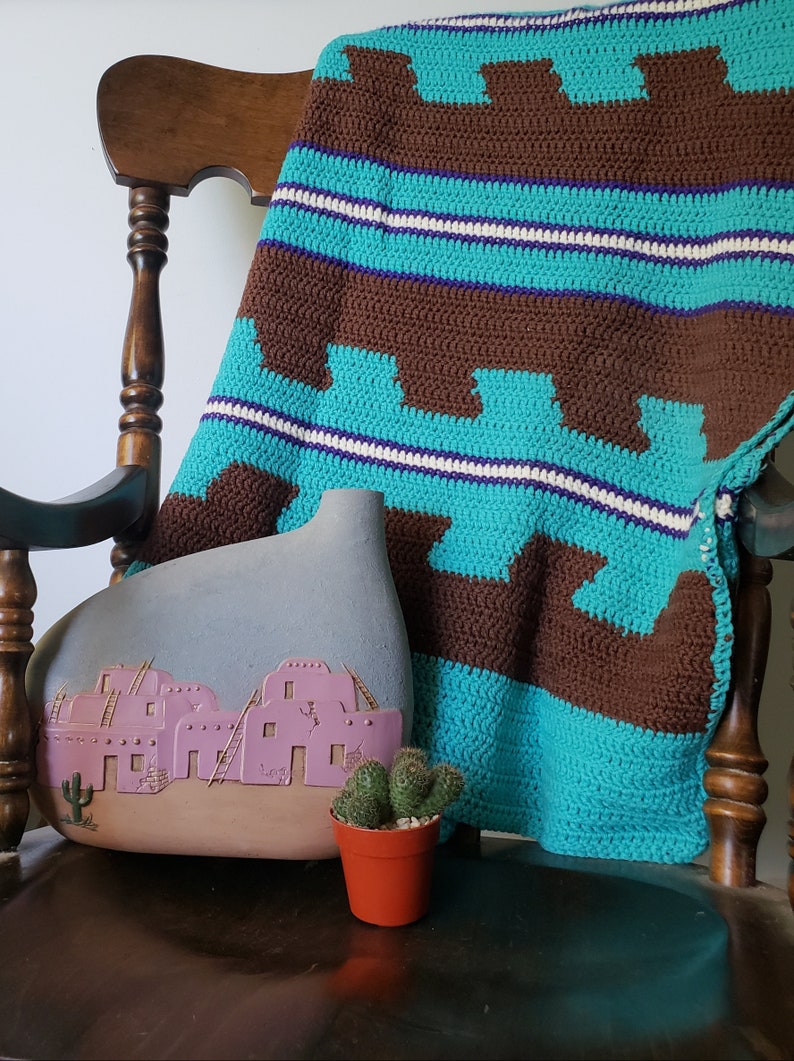 Vintage Crochet Blanket // Teal and Brown // Throw Blanket // Etsy