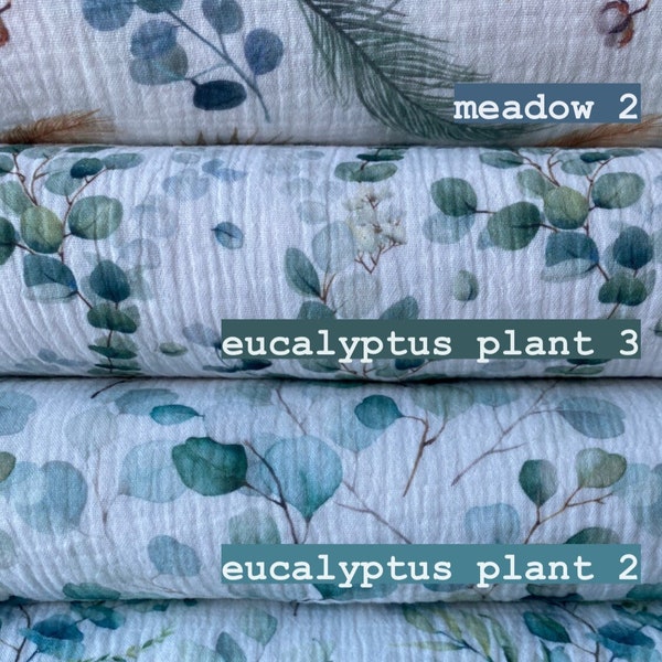 Cotton Double Gauze By Half Yard, Cotton Muslin Crinkle, Eucalyptus and Meadow Printed Lightweight Fabric