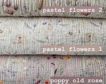 Tela de gasa doble floral, muselina de flores por medio metro / media yarda, tela de algodón arrugado de gasa doble con flores pastel impresas digitalmente