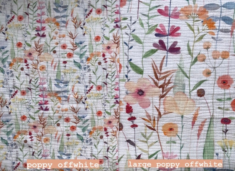 May include: Off-white fabric with a watercolour floral design. The pattern includes pink, orange, and yellow flowers, and green leaves. The text "poppy offwhite" and "large poppy offwhite" is visible.