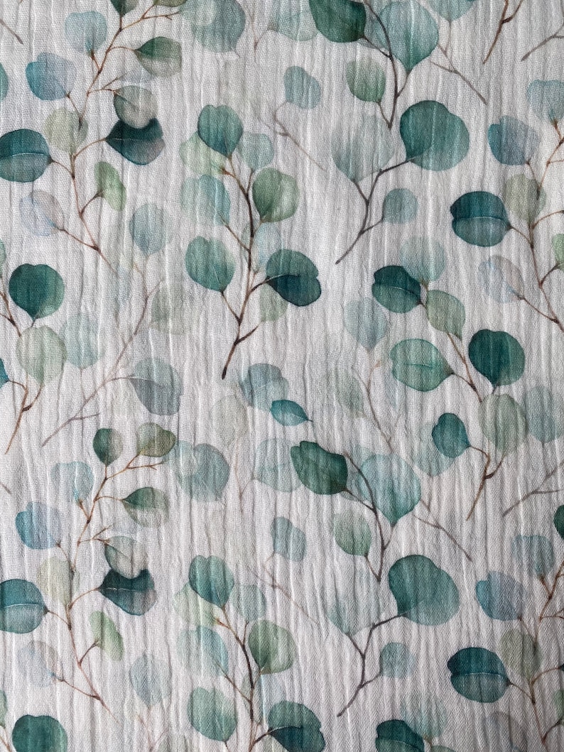 Double gauze fabric digital printed, muslin fabric, double gauze fabric by the half yard, gaze de coton au metre, bio musselin stoff eucalyptus plant 2