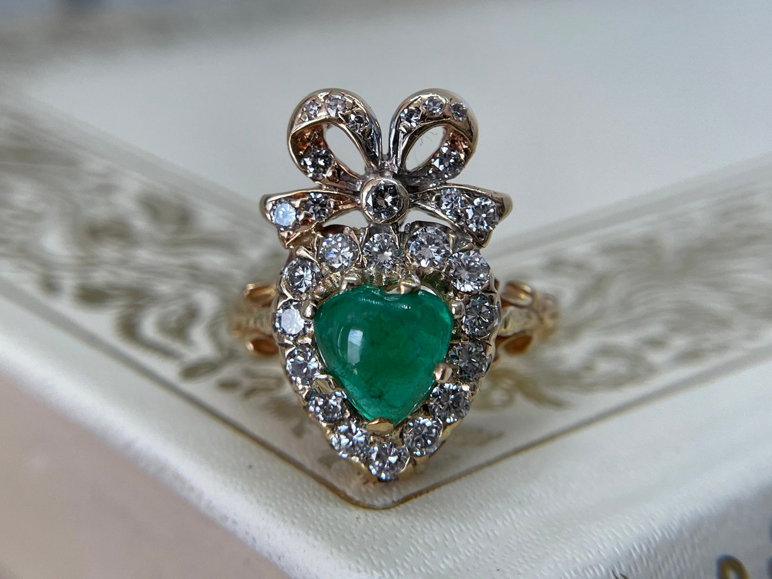 Victorian Inspired Ribbon Emerald and Diamond Ring in 14kt Etsy
