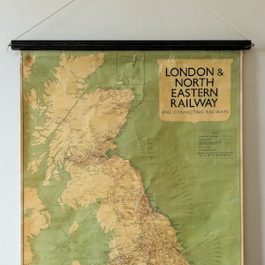 Grande mappa murale originale vintage della scuola educativa geografica RAILWAY di LONDRA, nord-est dell'Inghilterra, 1937 George Philip