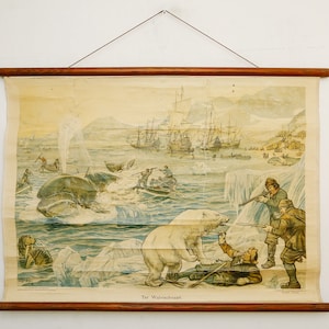 Vintage Antieke Oude Wandkaart Nederlandse WALVIS JACHT Scene Cornelis Jetses