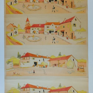 Original Vintage MID CENTURY French Educational School VILLAGE Scene Wall Decoration Interiors