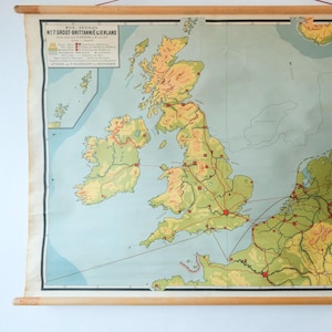 Originele jaren 1950 vintage halverwege de eeuw Nederlandse educatieve school muurkaart KAART GROOT-BRITTANNI Ierland Beautiful Bos Geography