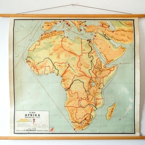 Originele vintage Nederlandse educatieve school uit het midden van de eeuw muurkaart Afrika Afrikaans CONTINENT KAART eigenzinnig mooi zeldzaam bos