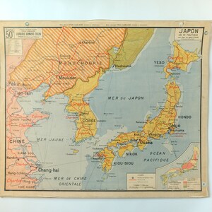 Grafico da parete della scuola educativa francese vintage di grandi dimensioni originale della metà del secolo GIAPPONE Corea Penisola coreana MAPPA Vidal Lablache