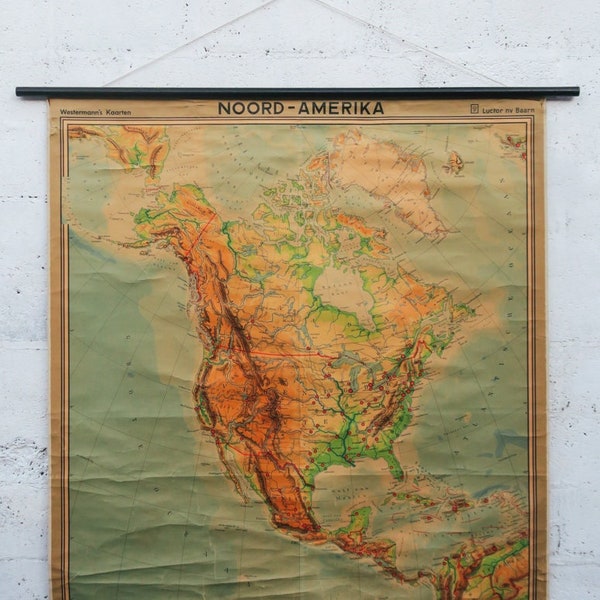 Original Huge Large Vintage Mid Century German Educational School Wall Chart NORTH AMERICA USA Continent Westerman Map Beautiful