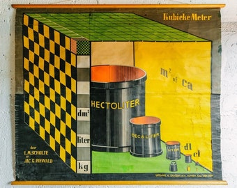 Originale Grande Enorme TECNICO SCIENTIFICO Vintage Dutch School Wall Chart WALLCHART Pesi decimali e misure Rare Educational