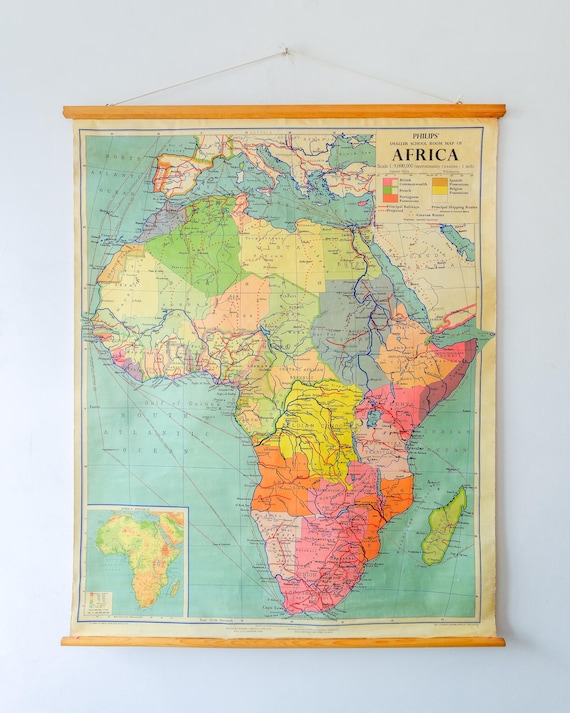 Original Vintage Mid Century German Educational School Wall Chart AFRICA MAP Physical Geography Beautiful Rare George Philip