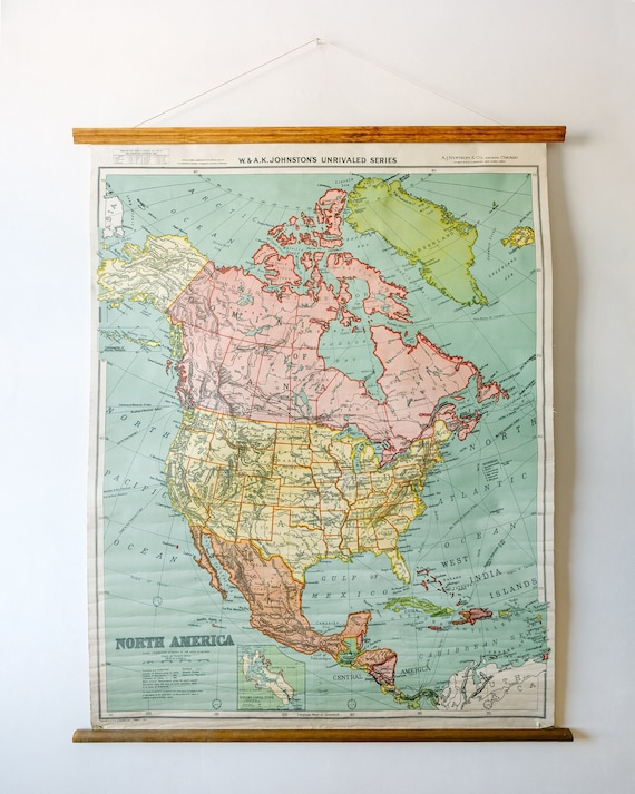 Original Large British Educational School Wall Chart North AMERICA USA Continent MAP W & A.K. Johnston Nystrom Beautiful Rare