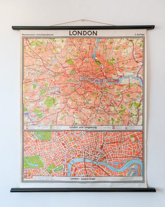 Original Huge Vintage Mid Century German Educational School Wall Chart LONDON MAP Geography City Hanging Beautiful Rare Westermann