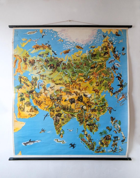 Large Original Vintage Mid Century German Educational School Wall Chart ASIA MAP Wildlife Fauna Quirky Geography Beautiful Rare Westermann
