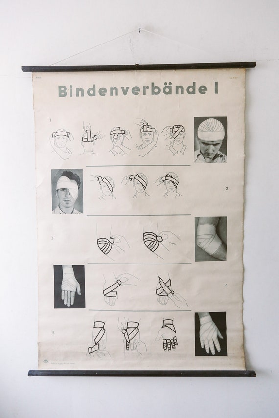 Original MEDICAL Vintage German School Wall Chart DRESSINGS BANDAGES Anatomy Beautiful Rare