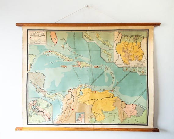 Original Mid Century Vintage Dutch Educational School Wall Chart WEST INDIES Caribbean MAP Quirky Beautiful Rare Bos