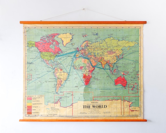 Original Large British Educational School Wall Chart WORLD MAP Geography George Philip & Son Mid Century Rare