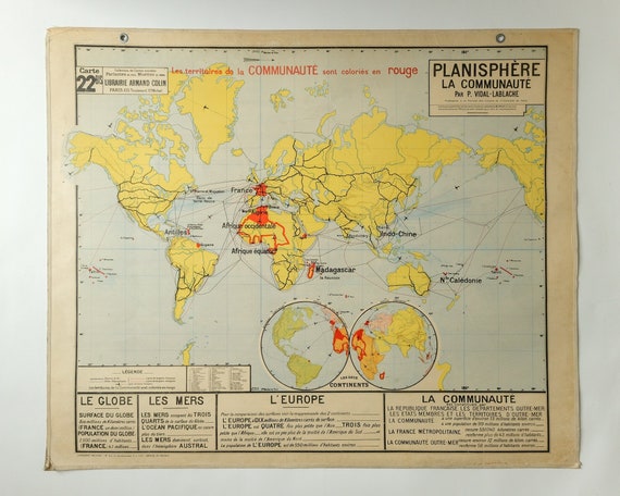 Original Large Vintage French Educational School Wall Chart WORLD MAP PLANISPHERE Territories Quirky Beautiful Rare Vidal Lablache