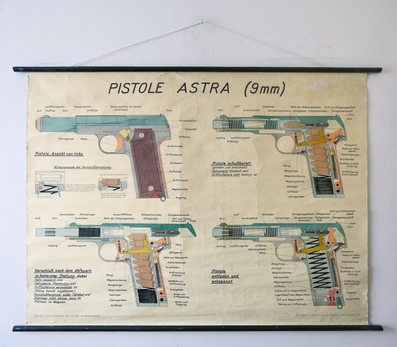 Original Scientific TECHNICAL Study Vintage German Educational Wall Chart GUN Handgun FIREARM Revolver Pistol Astra Police Issue