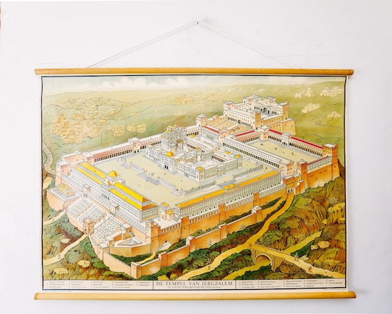 Vintage Mid Century Wall Chart Dutch RELIGIOUS TEMPLE of JERUSALEM Rare