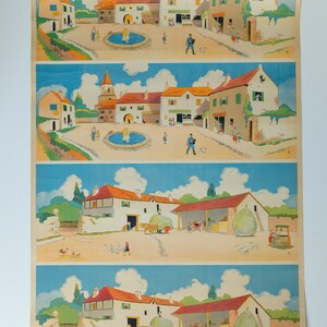 Original Vintage MID CENTURY French Educational School VILLAGE Scene Wall Decoration Interiors