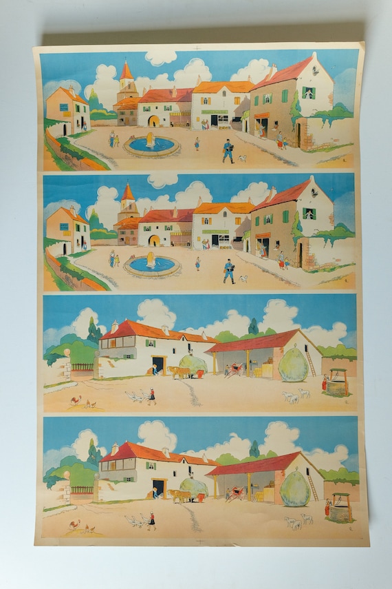 Original Vintage MID CENTURY French Educational School VILLAGE Scene Wall Decoration Interiors