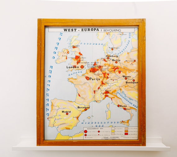 Original Vintage Flemish Educational School WEST EUROPE Population Density Road MAP Germany Geography Beautiful Rare