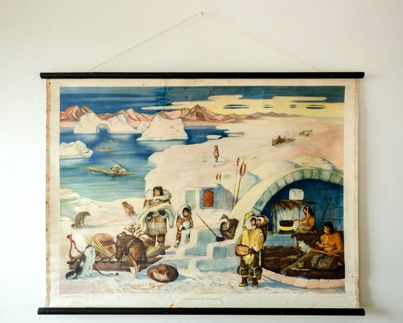 RARE Vintage German Teaching Wall Chart ESKIMOS INUIT Arctic Quirky Unusual Igloo Fishing