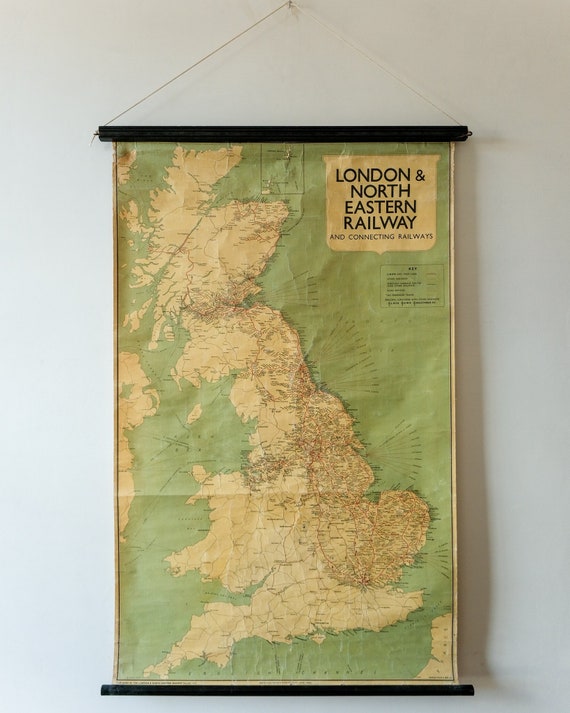 Large Original Vintage RAILWAY Geographical Educational School Wall Chart Map of LONDON North East England 1937 George Philip