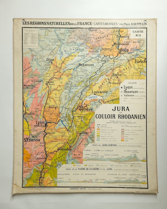 Original 1950s Large Vintage French Educational School Wall Chart JURA Double-Sided MAP Beautiful Rare Paul Kaeppelin Lyon Geneva Grenoble