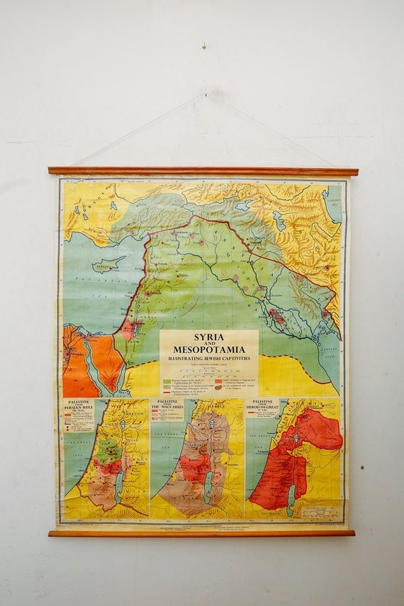 Vintage British Educational School Wall Chart MESOPOTAMIA SYRIA Palestine Historical MAP Geography George Philip 1950s