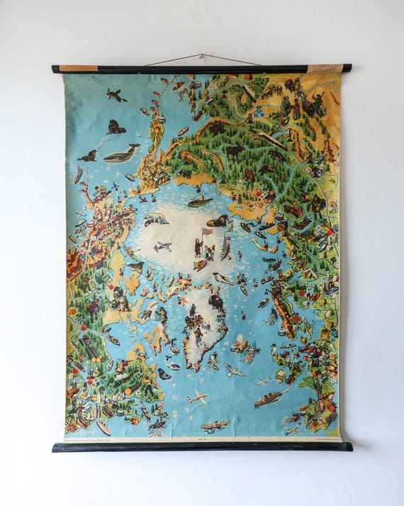 Large Original Vintage Mid Century German Educational School Wall Chart NORTH POLE Arctic MAP Wildlife Quirky Geography Rare Westermann
