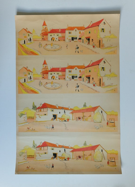Original Vintage MID CENTURY French Educational School VILLAGE Scene Wall Decoration Interiors