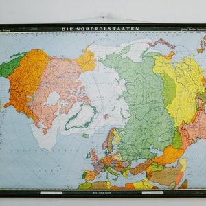 Originale Mid Century Grande Vintage Tedesco Educational School Wall Chart NORTH POLE Arctic MAP Haack