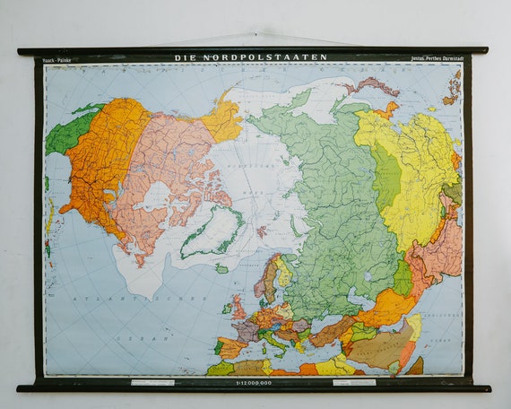 Original Mid Century Large Vintage German Educational School Wall Chart NORTH POLE Arctic MAP Haack