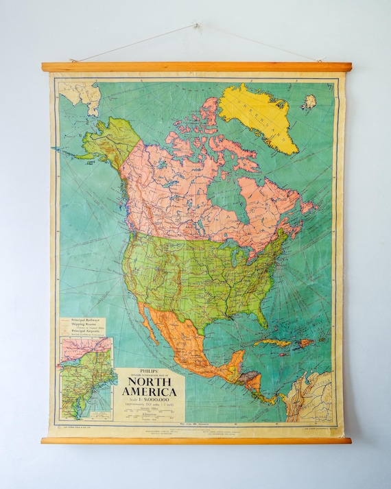 Original Mid Century British Educational School Wall Chart North AMERICA USA Continent MAP George Philip & Son Rare