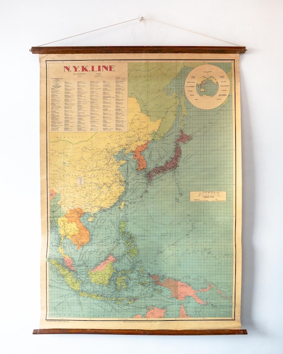 Large Original Vintage Mid Century British Educational School Wall Chart NYK Shipping Company Routes ASIA Map Rare George Philip & Sons