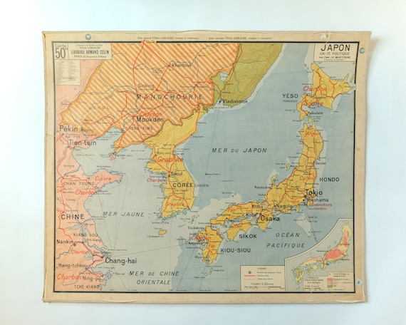 Original Mid Century Large Vintage French Educational School Wall Chart JAPAN Korea Korean Peninsula MAP Vidal Lablache