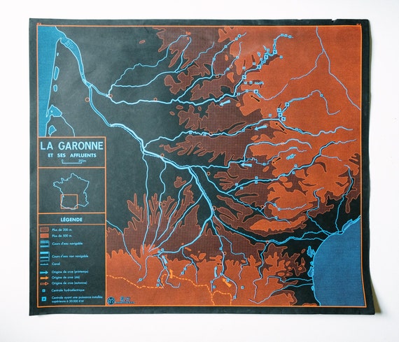 Original 1960s Mid Century Vintage French Educational School Wall Chart GARONNE Rivers LOIRE Region Carte Black Double-Sided Map