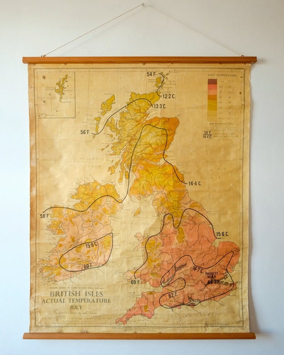 Original 1950s Vintage British Educational School Wall Chart MAP July TEMPERATURES Beautiful George Philip & Son