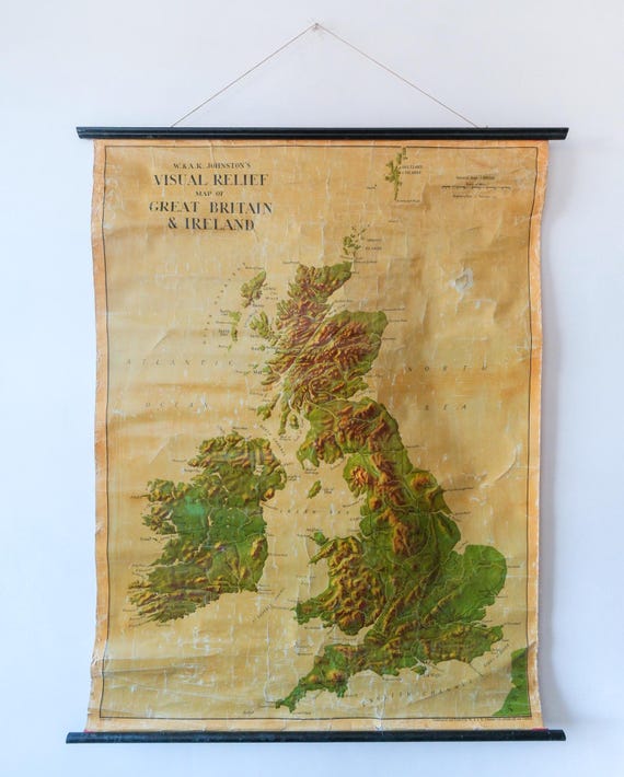 Original 1950s Vintage Mid Century British Educational School Wall Chart GREAT BRITAIN Ireland MAP Beautiful W Ak Johnston Scotland Wales