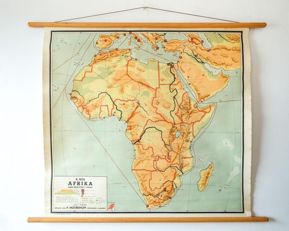 Original Mid Century Vintage Dutch Educational School Wall Chart AFRICA African CONTINENT MAP Quirky Beautiful Rare Bos