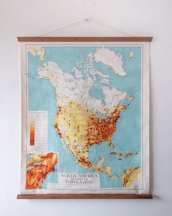 Original Large British Educational School Wall Chart North AMERICA USA Continent Population Density MAP George Philip & Son Mid Century Rare