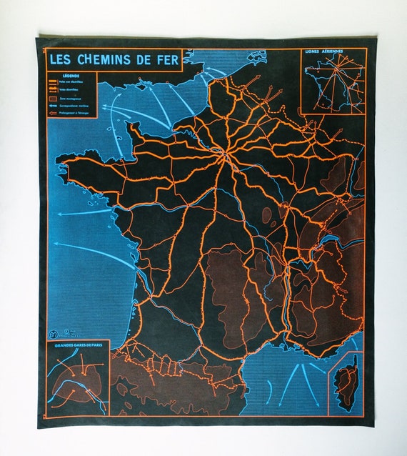 Original 1960s Mid Century Vintage French Educational School Wall Chart RAILWAYS France River RHONE Region Carte Black Double-Sided Map