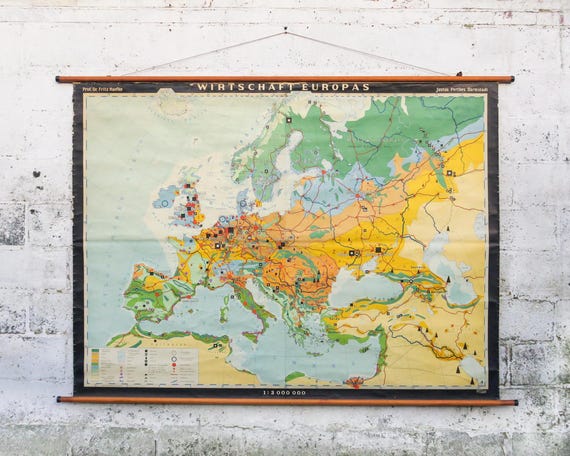 Original Mid Century Large Huge Vintage German Educational School Wall Chart EUROPE European ECONOMIC MAP Haack