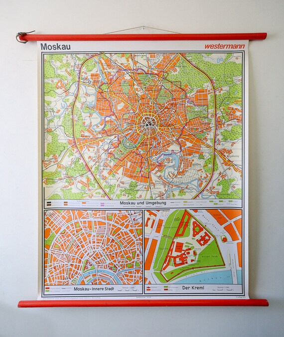 Original HUGE Vintage German Educational School Wall Chart MOSCOW Mockba MAP Geography Russia Soviet Union Beautiful Rare Westermann