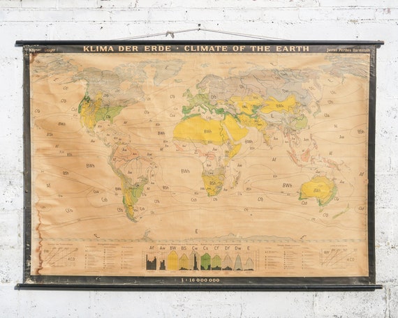 Original Mid Century Huge Large Vintage German Educational School Wall Chart CLIMATE of the WORLD MAP Perthes Beautiful